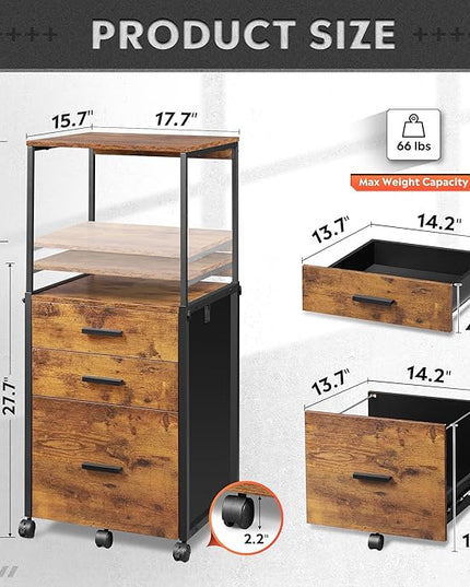 DEVAISE File Cabinet with Storage Drawers, Rolling Printer Stand with Adjustable Shelves, Wood Filing Cabinet for Home Office, Rustic Brown - LeafyLoom