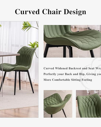 YOUNIKE Dining Chairs Set of 2, Upholstered Faux Leather Kitchen Dining Room Chairs, Modern Living Room Bedroom Side Chairs with Wide Curved Back and Metal Legs, Olive Green - LeafyLoom