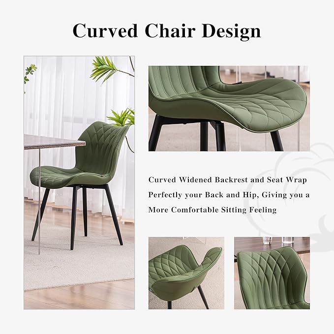 YOUNIKE Dining Chairs Set of 2, Upholstered Faux Leather Kitchen Dining Room Chairs, Modern Living Room Bedroom Side Chairs with Wide Curved Back and Metal Legs, Olive Green - LeafyLoom