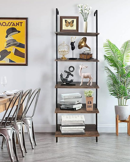aboxoo Ladder Shelf Open Bookshelf 5-tier Wood Wall-mounted Bookcase Storage Rack Open back Industrial Modern Plant Flower Stand Utility Organizer Bookcase Metal Frame Furniture Office Kitchen Bedroom - LeafyLoom