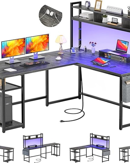Aheaplus L Shaped Desk with Power Outlet & LED Strip, Reversible L-Shaped Corner Computer Desks Gaming Desk with Storage Shelf & Monitor Stand, Modern 2 Person Home Office Desk Writing Desk, Grey Oak - LeafyLoom