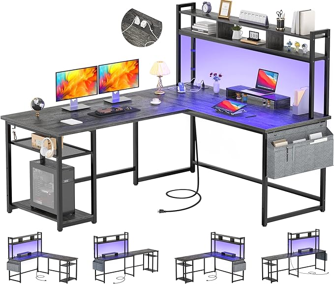 Aheaplus L Shaped Desk with Power Outlet & LED Strip, Reversible L-Shaped Corner Computer Desks Gaming Desk with Storage Shelf & Monitor Stand, Modern 2 Person Home Office Desk Writing Desk, Grey Oak - LeafyLoom