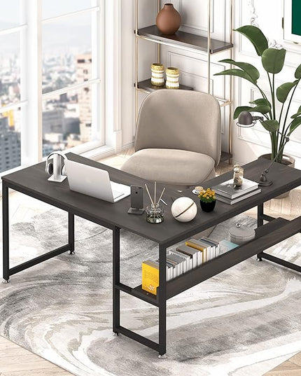 L Shaped Desk, Office Computer Corner Desk, 55 inch Home Gaming Desk Table, Writing Study Workstation with Storage Shelves for Home Office, Space-Saving, Industrial, Espresso - LeafyLoom