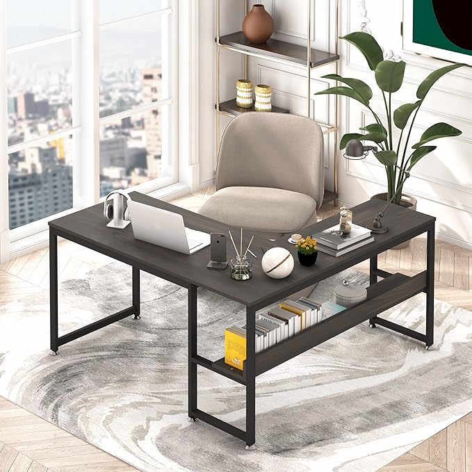 L Shaped Desk, Office Computer Corner Desk, 55 inch Home Gaming Desk Table, Writing Study Workstation with Storage Shelves for Home Office, Space-Saving, Industrial, Espresso - LeafyLoom