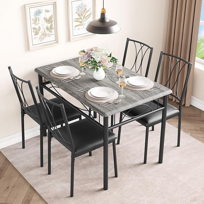 Dining Table Set, 5 Piece Dining Table set for 4, Rectangle Kitchen Table Set with 4 Upholstered Chairs, Dining Table Set for Small Space, Apartment, Retro Gray - LeafyLoom