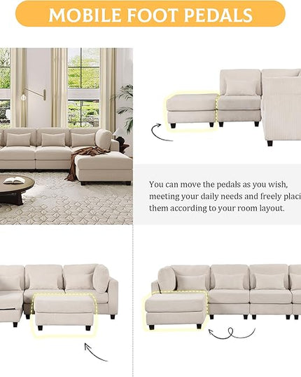 99.6" 5 Pieces L-Shaped Modular Sectional Sofa with Removable Ottomans and Waist Pillows, Modern Corduroy Fabric Upholstered Couch for Living Room, Apartment, Studio, Beige, 99.6 Inch - LeafyLoom