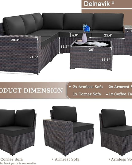 Patio Furniture Set Sofa 6-Pieces Wicker Sectional Sofa Set, Outdoor Furniture Rattan Patio Conversation Set with Thickened Cushion and Glass Coffee Table, Black - LeafyLoom