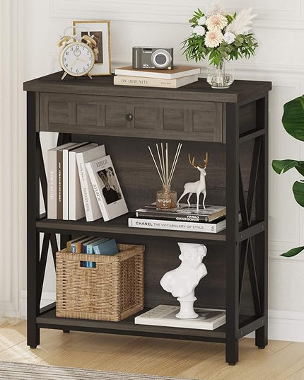 FATORRI Rustic Bookshelf with Drawer, Industrial Wood and Metal Bookcase, Small Book Shelf and Low Book case for Small Space (Walnut Brown) - LeafyLoom