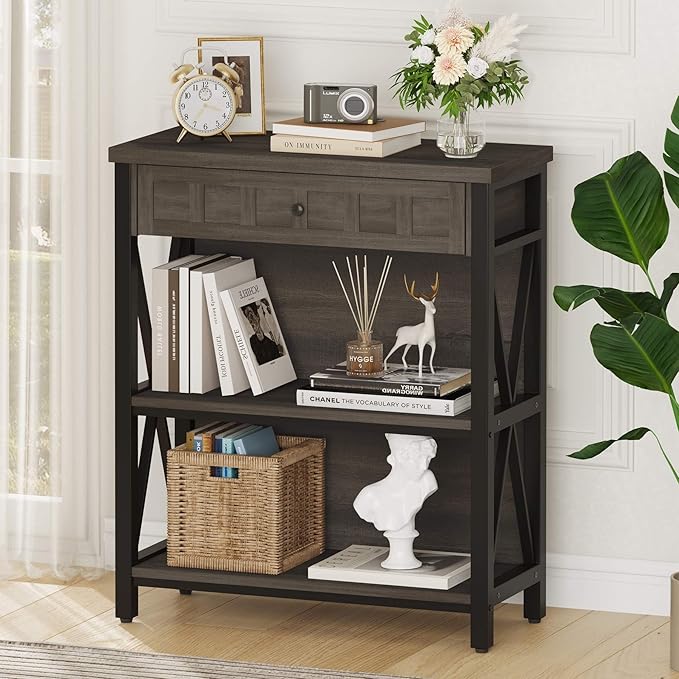 FATORRI Rustic Bookshelf with Drawer, Industrial Wood and Metal Bookcase, Small Book Shelf and Low Book case for Small Space (Walnut Brown) - LeafyLoom
