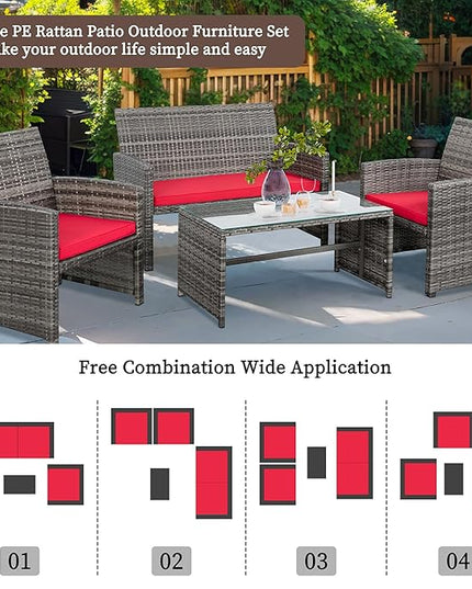 Shintenchi 4-Piece Outdoor Gray Wicker Patio Conversation Furniture Set, Rattan Patio Furniture Set with Weather Resistant Cushions and Tempered Glass Tabletop,Red - LeafyLoom