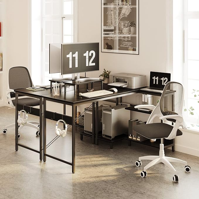 KKL 51 Inch L Shaped Computer Desk with Storage Shelves, Corner Desk with Monitor Stand for Small Space, Modern Simple Writing Study Table for Home Office, Black - LeafyLoom