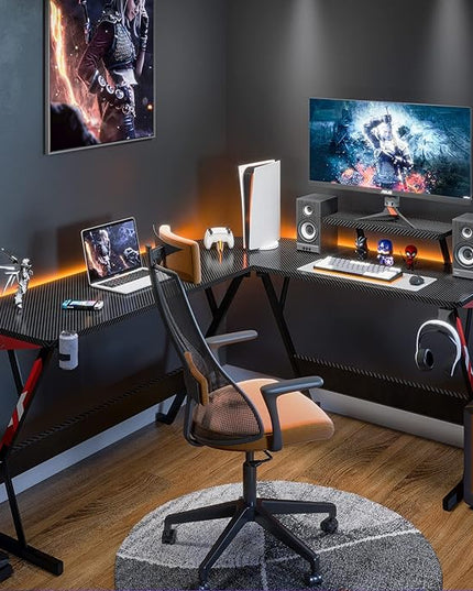 MOTPK L Shaped Gaming Desk 58 Inch, Gaming Computer Desk L Shape with Carbon Fiber Surface, Gamer Desk Gaming Table with Monitor Shelf, Cup Holder & Headphone Hook, Black - LeafyLoom