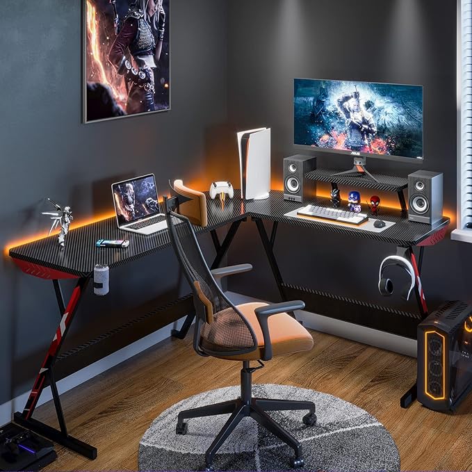 MOTPK L Shaped Gaming Desk 58 Inch, Gaming Computer Desk L Shape with Carbon Fiber Surface, Gamer Desk Gaming Table with Monitor Shelf, Cup Holder & Headphone Hook, Black - LeafyLoom