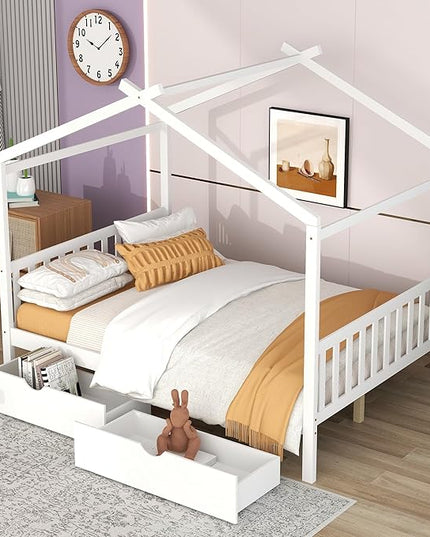 Full Size Bed Frame with Headboard and Footboard, Low House Bed/Full Bed Frame with Storage Drawer, Wood Bed Frame for Kids, Girls, Boys (White Drawer, Full) - LeafyLoom