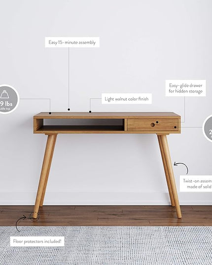 Nathan James Parker Modern Home Office Writing, Computer or Laptop Desk with Open Storage Cubby and Small Drawer, Walnut - LeafyLoom