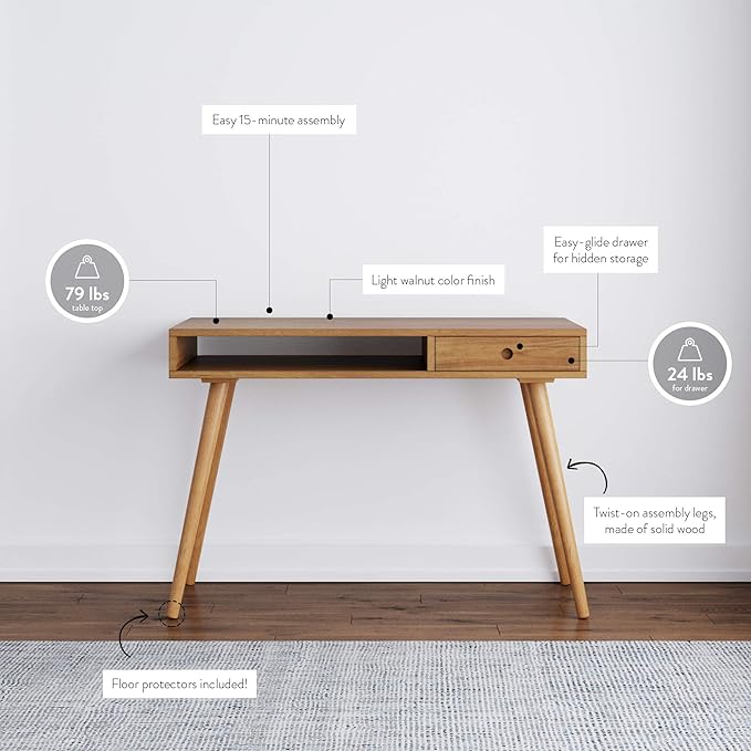 Nathan James Parker Modern Home Office Writing, Computer or Laptop Desk with Open Storage Cubby and Small Drawer, Walnut - LeafyLoom