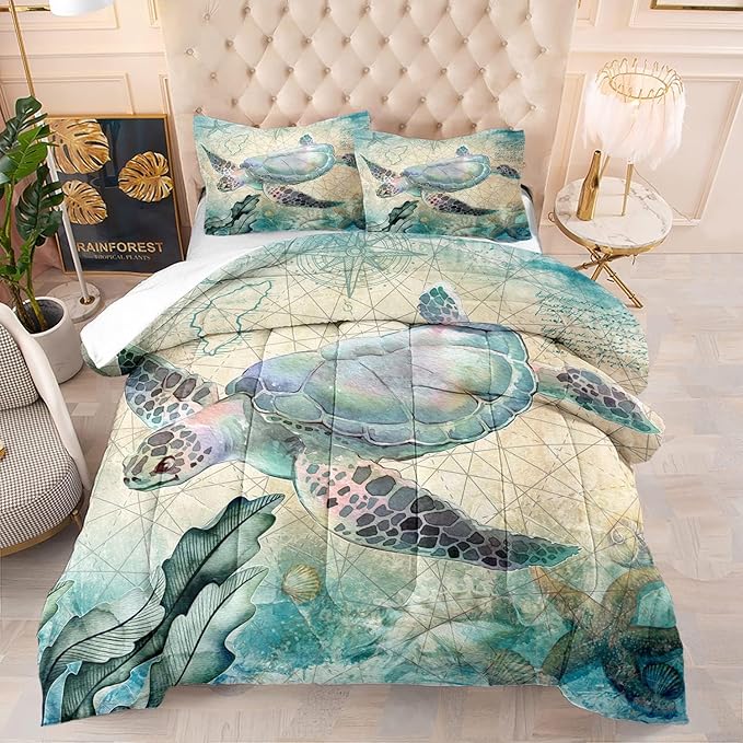CVHOUSE Sea Turtle Comforter Sets King for Ocean Lovers,Turtle Beach Bedding Sets King Set,Turtle Bedspread,Turtle Duvet,Turtle Bed Set,Turtle Quilt Set 3 Pcs 1 Comforter and 2 Pillowcases - LeafyLoom