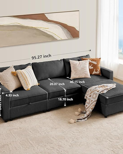 Sweetcrispy Convertible Sectional Sofa Couch, 4 Seat Sofa Set with Storage for Living Room, L-Shaped Modern Modular Sofa Sleeper with Ottoman, Comfy Sofa Couch with Extra Deep Seats, Grey - LeafyLoom