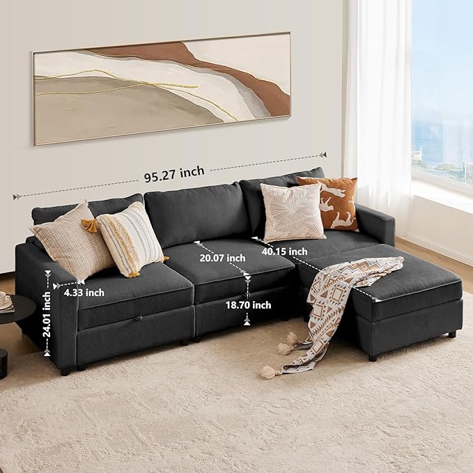 Sweetcrispy Convertible Sectional Sofa Couch, 4 Seat Sofa Set with Storage for Living Room, L-Shaped Modern Modular Sofa Sleeper with Ottoman, Comfy Sofa Couch with Extra Deep Seats, Grey - LeafyLoom