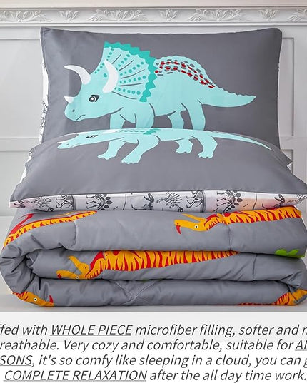RYNGHIPY Dinosaur Kids Comforter Set Cartoon Dinosaur Bedding Sets for Boys 3 Pieces Queen Microfiber Comforter with Pillowcases Soft Lightweight (Dark Grey,Queen) - LeafyLoom