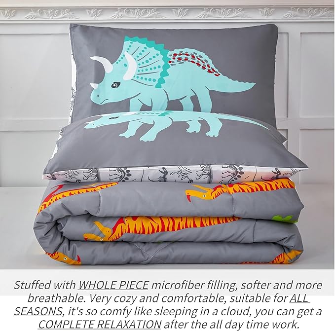 RYNGHIPY Dinosaur Kids Comforter Set Cartoon Dinosaur Bedding Sets for Boys 3 Pieces Queen Microfiber Comforter with Pillowcases Soft Lightweight (Dark Grey,Queen) - LeafyLoom