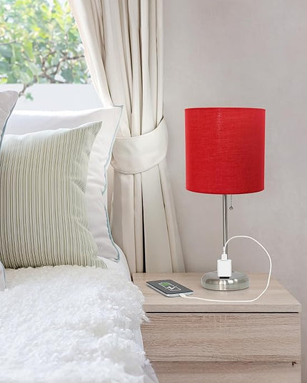 Simple Designs LT1144-RED Sleek and Slender Brushed Steel Table Lamp with Charging Outlet, for Bedroom, Living Room, Entryway, Office, Dining Room, Study, Red Shade - LeafyLoom