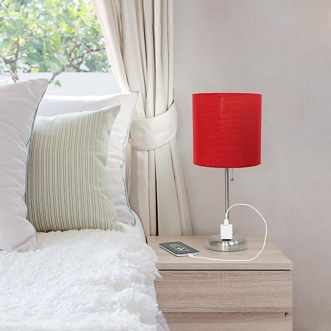 Simple Designs LT1144-RED Sleek and Slender Brushed Steel Table Lamp with Charging Outlet, for Bedroom, Living Room, Entryway, Office, Dining Room, Study, Red Shade - LeafyLoom