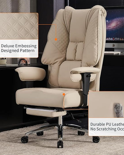 Big and Tall Office Chair 400lbs Wide Seat, Leather High Back Executive Office Chair with Foot Rest, Ergonomic Office Chair Lumbar Support for Lower Back Pain Relief (Beige) - LeafyLoom