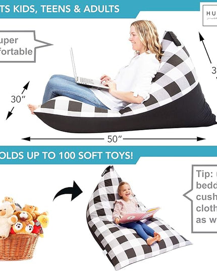 Stuffed Animal Bean Bag Storage - Machine Washable Bean Bag Chair for Kids - Extra Large Cover for Stuffing with Plush Toys, Pillows, Soft Items - Stuffed Animal Holder for Boys & Girls - Gingham - LeafyLoom