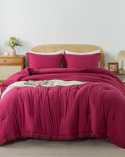 Andency Burgundy Red Tassel Comforter Set Full(79x90Inch), 3 Pieces(1 boho Comforter, 2 Pillowcases) Farmhouse Shabby Chic Comforter Set, Soft Microfiber Lightweight Fringe Bedding Comforter Set - LeafyLoom