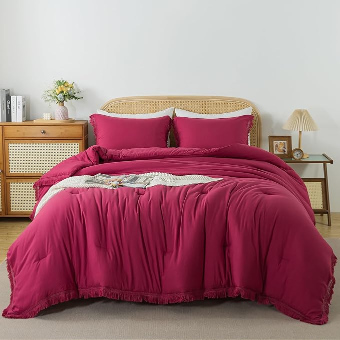 Andency Burgundy Red Tassel Comforter Set Full(79x90Inch), 3 Pieces(1 boho Comforter, 2 Pillowcases) Farmhouse Shabby Chic Comforter Set, Soft Microfiber Lightweight Fringe Bedding Comforter Set - LeafyLoom