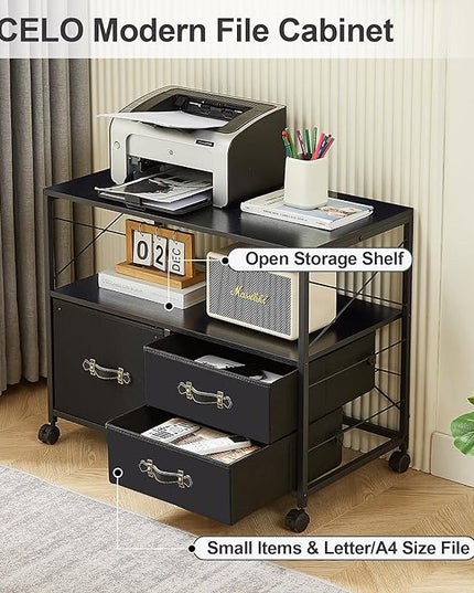 VECELO Fabric Lateral Filing Cabinet Rolling Printer Fits Letter Size, 3 Drawers Mobile Stand with Open Storage Shelf,for Home Office,Vintage Black - LeafyLoom