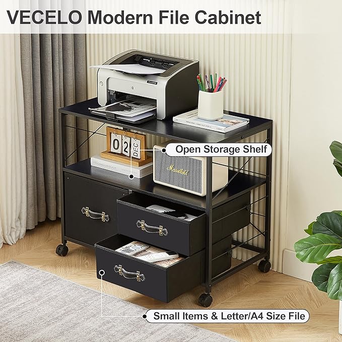 VECELO Fabric Lateral Filing Cabinet Rolling Printer Fits Letter Size, 3 Drawers Mobile Stand with Open Storage Shelf,for Home Office,Vintage Black - LeafyLoom