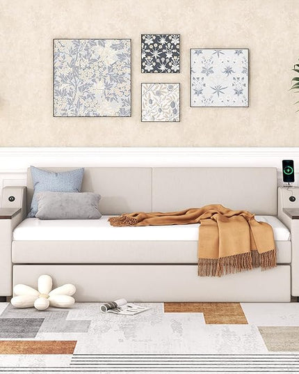 Upholstered Size Upholstery Trundle, Daybed Sofa Bed Frame with Storage Arms & USB Charging Design for Living Room Bedroom, Beige, Twin XL - LeafyLoom