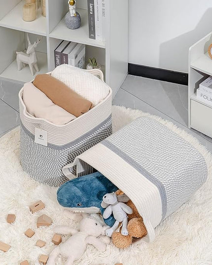 Medium and Large Woven Basket/With Handle, Baskets Laundry Hamper Wicker Tall Cotton Toy Storage Basket,Decorative Basket for Living room,Basket for Toys, 2bag - LeafyLoom