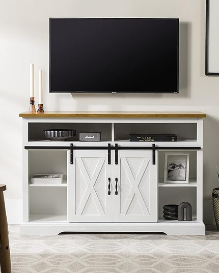 Walker Edison Clayton Farmhouse Sliding Double Barn Door TV Stand for TVs up to 58 Inches, 52 Inch, Solid White - LeafyLoom