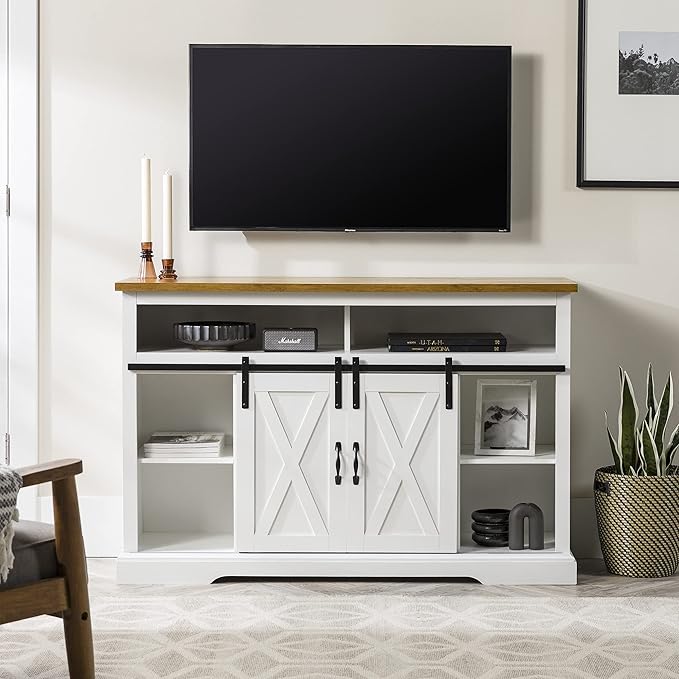 Walker Edison Clayton Farmhouse Sliding Double Barn Door TV Stand for TVs up to 58 Inches, 52 Inch, Solid White - LeafyLoom