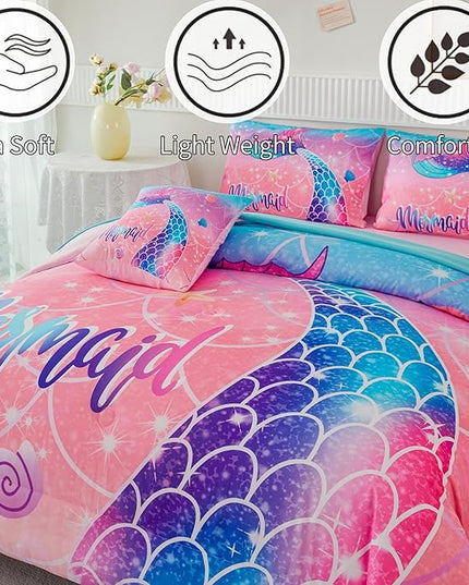 RYNGHIPY Mermaid Kids Girls Comforter Set Queen Size Pink Blue Gradient Fish Tail Bed in a Bag - includes Comforter & Sheet Set for Teens Girls Super Soft Kids Bedding - LeafyLoom
