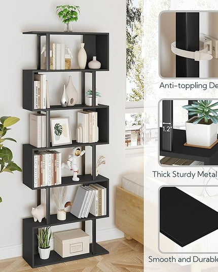 Yusong S Shaped Bookshelf, Modern Geometric Bookcase, 6-Tier Black Display Case Book Shelf - LeafyLoom