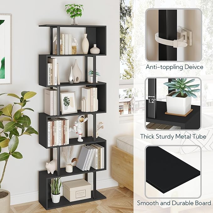 Yusong S Shaped Bookshelf, Modern Geometric Bookcase, 6-Tier Black Display Case Book Shelf - LeafyLoom