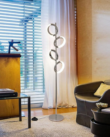 Ganeed LED Floor Lamp for Bedroom,4 Rings 40W Modern Dimmable Standing Lamp,61 in Tall Reading Light Corner Lamp with Remote Control for Living Room Office (3000-6500K/Chrome) - LeafyLoom