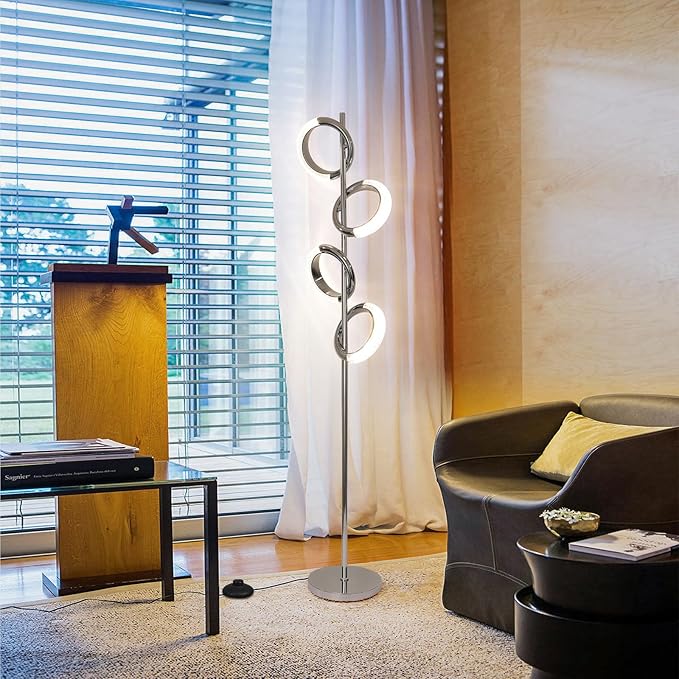 Ganeed LED Floor Lamp for Bedroom,4 Rings 40W Modern Dimmable Standing Lamp,61 in Tall Reading Light Corner Lamp with Remote Control for Living Room Office (3000-6500K/Chrome) - LeafyLoom