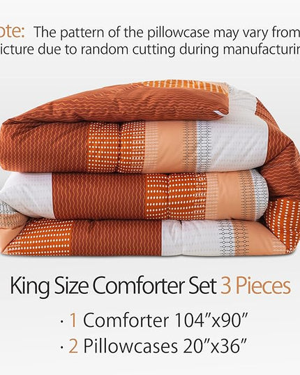 Andency Stripe Comforter Set King Size (104x90 Inch), 3 Pieces Terracotta Patchwork Striped Comforter, Soft Microfiber Down Alternative Comforter Bedding Set with Corner Loops - LeafyLoom