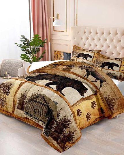 LUVIVIHOME 3PCS Rustic Cabin Comforter Set Queen Size, Moose Bear Bedding Brown Quilt, Deer Woodland Forest Animal Wildlife Hunting Hunter Lodge Country Rustic Farmhouse Bedroom Decor, 2 Pillow Shams - LeafyLoom