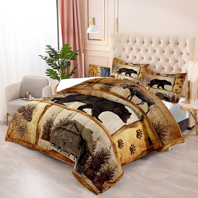 LUVIVIHOME 3PCS Rustic Cabin Comforter Set Queen Size, Moose Bear Bedding Brown Quilt, Deer Woodland Forest Animal Wildlife Hunting Hunter Lodge Country Rustic Farmhouse Bedroom Decor, 2 Pillow Shams - LeafyLoom