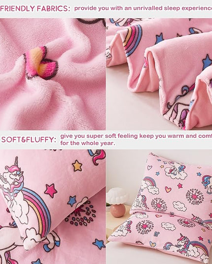 Mooreeke Glow in The Dark Full Plush Fleece Comforter Bed Set, Soft & Warm 3 Piece Bed in A Bag with Sham, Velour Velvet Pink Unicorn Girls Kids Bedding Set, Fluffy Fuzzy Polar Cozy and Stylish - LeafyLoom