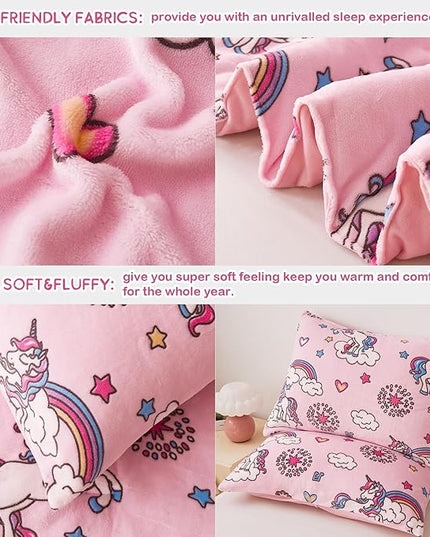 Mooreeke Glow in The Dark Twin Plush Fleece Comforter Bed Set, Soft & Warm 2 Piece Bed in A Bag with Sham, Velour Velvet Pink Unicorn Girls Kids Bedding Set, Fluffy Fuzzy Polar Cozy and Stylish - LeafyLoom