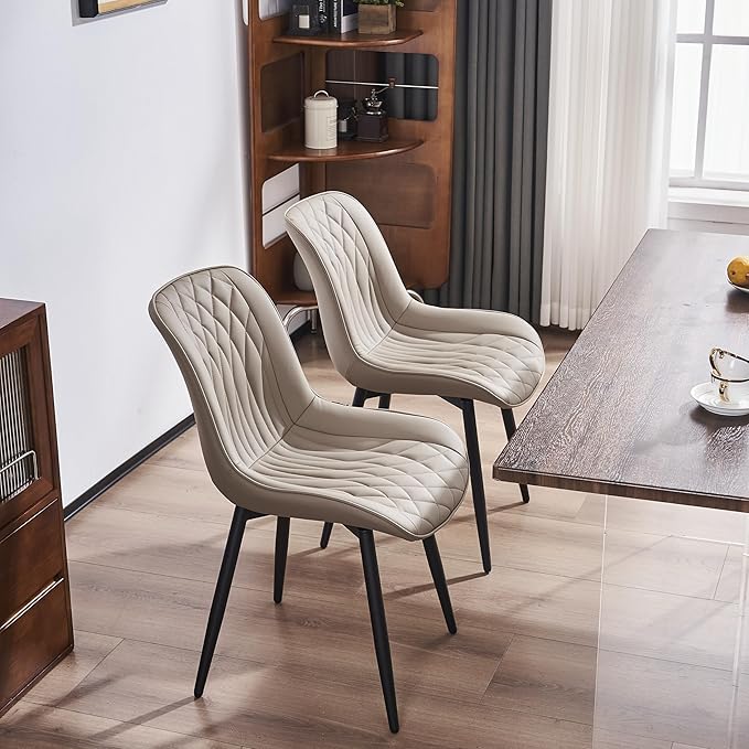 YOUNIKE Khaki Dining Chairs set of 2 with High Backs Mid Century Modern Kitchen & Dining Room Chairs PU Faux Leather Upholstered sillas de comedor Comfortable Large Padded Accent Chair with Metal Legs - LeafyLoom