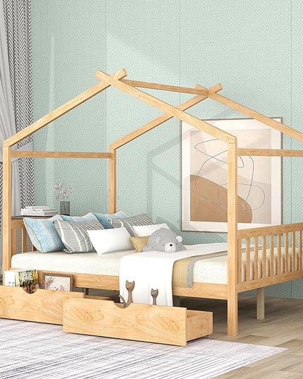 Full Bed Frame with Headboard and Footboard, Low House Bed/Full Bed Frame with Storage Drawer, Wood Bed Frame for Kids, Girls, Boys, Teens, Full Bed Frame Natural - LeafyLoom