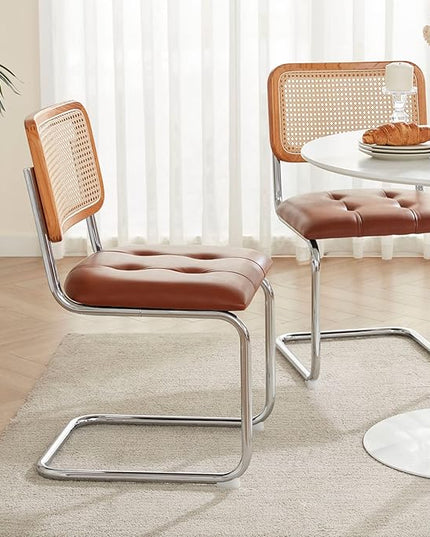 Farini Kitchen Dining Chairs Set of 2,Mid-Century Modern Chair Armless Mesh Backrest Cane Rattan Chairs for Home Dining Room(Brown,PU Leather) - LeafyLoom